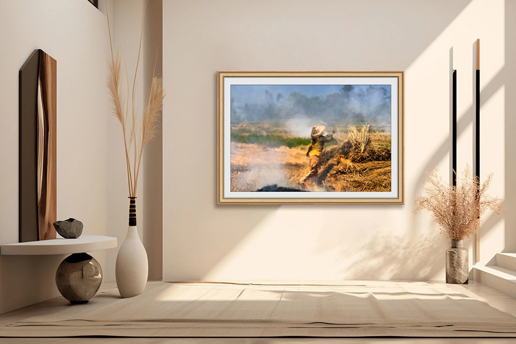 Fiery artwork print shown in an interior setting